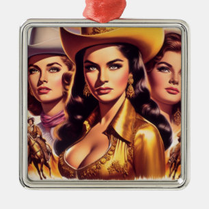 Retro Beautiful Cowgirls Metal Ornament