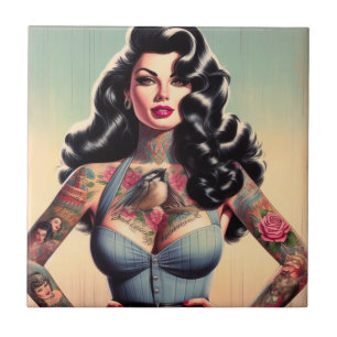Retro Beauty Tattooed Pin up Ceramic Tile