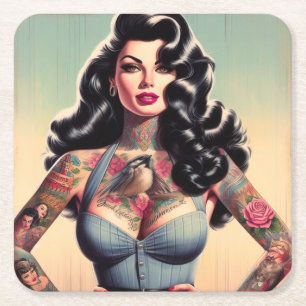Retro Beauty Tattooed Pin up Square Paper Coaster