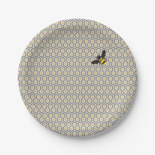 Retro Bee and Honeycomb Grid Pattern Paper Plate