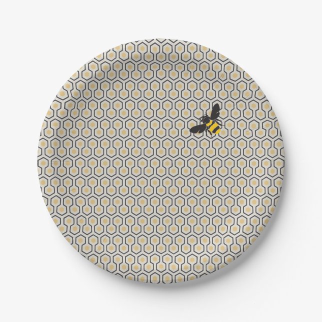 Retro Bee and Honeycomb Grid Pattern Paper Plate (Front)