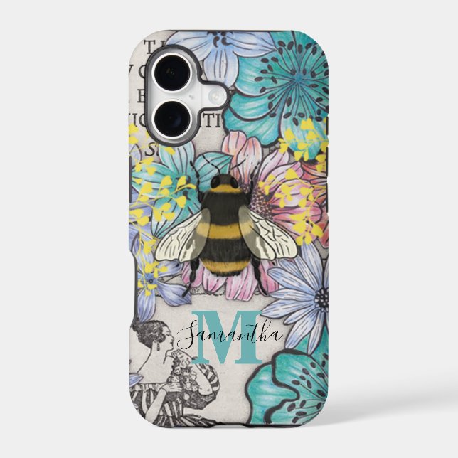 Retro Bee Floral Monogram iPhone Case (Back)