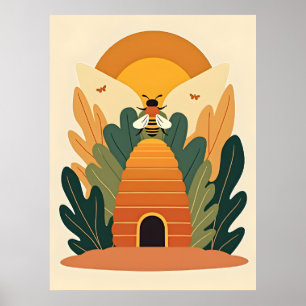 Retro Beehive Bee Botanical Poster