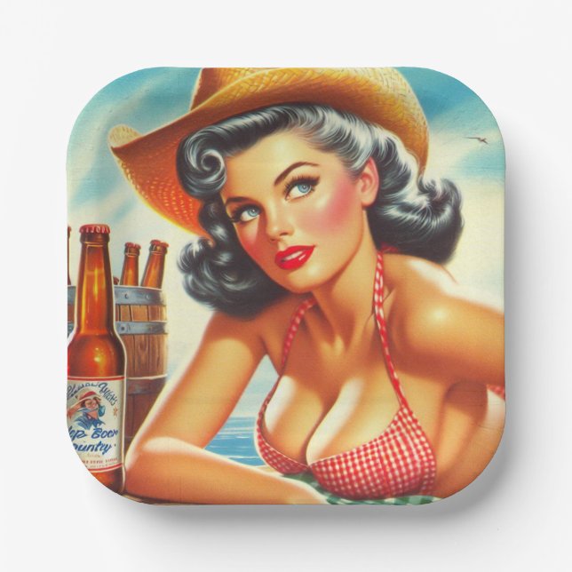 Retro Beer Country Girl Paper Plate (Front)