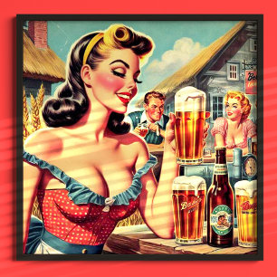 Retro Beer Girl Illustration Poster