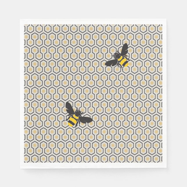 Retro Bees and Honeycomb Grid Pattern Napkin (Front)