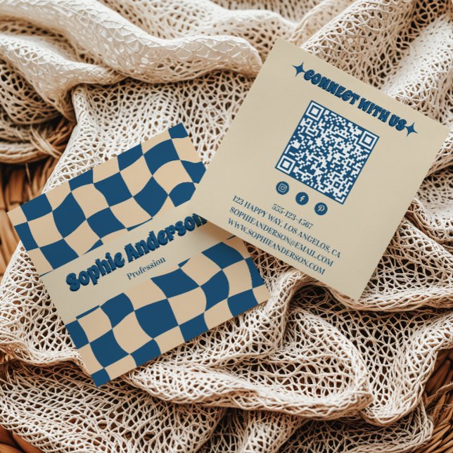 Retro Beige & Blue Wavy Chequerboard with QR Code  Square Business Card (Creator Uploaded)