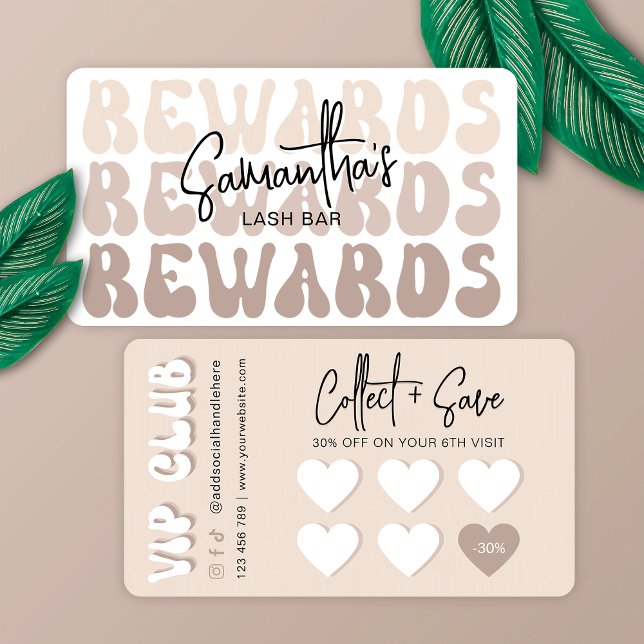 Retro Beige Cream Modern Eyelash Beauty Nails Spa Loyalty Card (Stand out with this trendy rewards card design featuring retro fonts and a modern beige design )