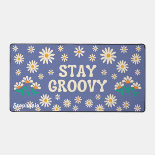 Retro Beige Daisies Stay Groovy Blue Script Name Desk Mat