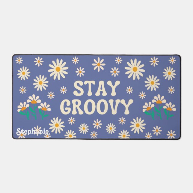 Retro Beige Daisies Stay Groovy Blue Script Name Desk Mat (Front)