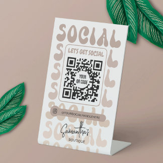 Retro Beige Modern Logo Social Media QR Code Pedestal Sign