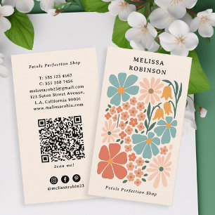 Retro Beige QR Code Girly Florist Shop Floral Business Card