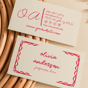 Retro Beige Red Hand Written Drawn Boho Girly Business Card