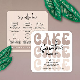 Retro Beige Trendy Bakery Cake Care Instructions Square Business Card