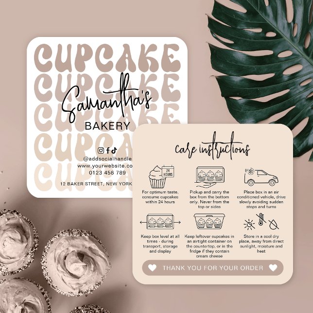 Retro Beige Trendy Logo Cupcakes Care Instructions Square Business Card (Modern cupcake care instructions cards in beige & white, featuring retro fonts and care icons)