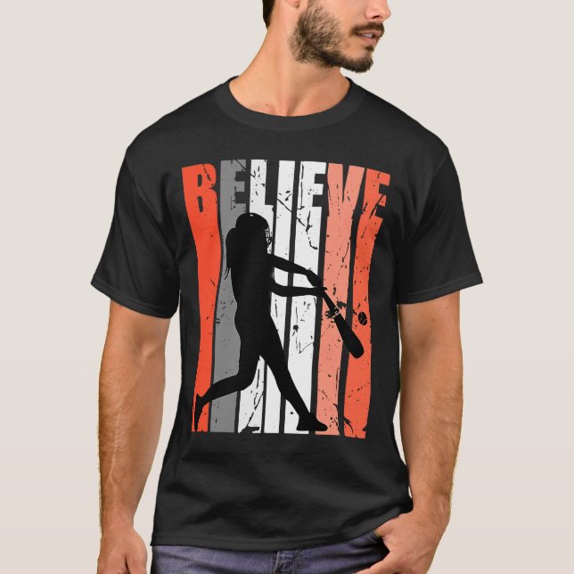 Retro Believe Baseball Softball Base Run Play Game T-Shirt (Front)