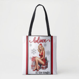 Retro Believe in Magic Christmas Pinup Tote Bag