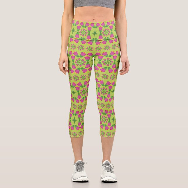 Retro Bell Flower Mandalas Green Capris (Front)