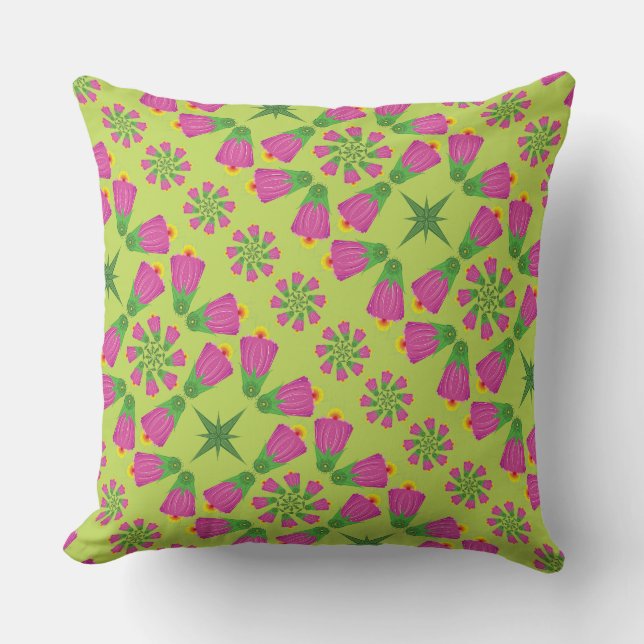 Retro Bell Flower Mandalas Green Throw Pillow (Front)