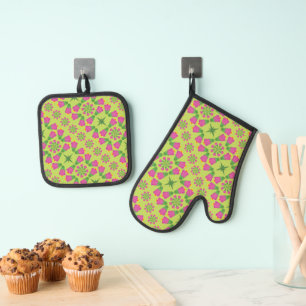 Retro Bell Flower Mandalas Oven Mitt & Pot Holder Set