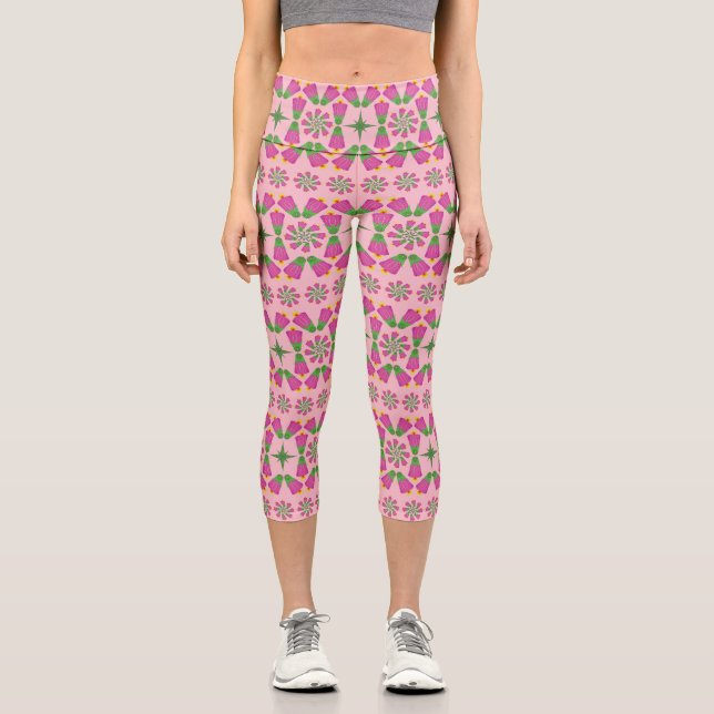 Retro Bell Flower Mandalas Pink Capris (Front)