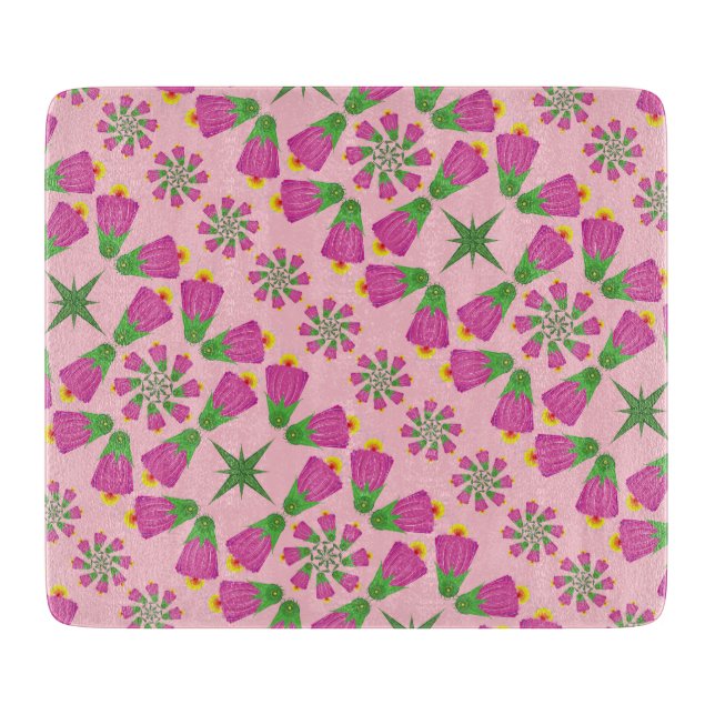 Retro Bell Flower Mandalas Pink Glass Board (Front)