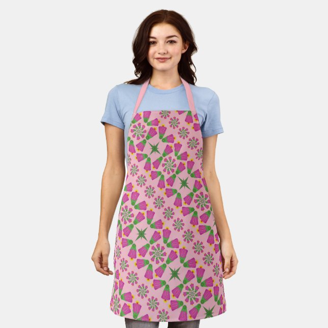 Retro Bell Flower Mandalas Pink Medium Apron (Worn)