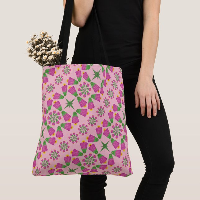 Retro Bell Flower Mandalas Pink Tote (2 Sizes) (Close Up)