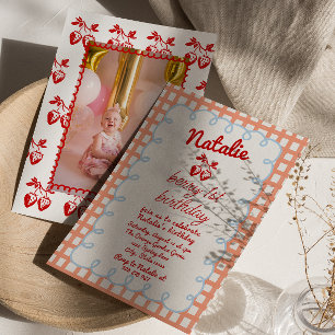 Retro Berry 1st Drawn Strawberry Photo Birthday  Invitation