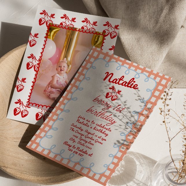 Retro Berry 1st Drawn Strawberry Photo Birthday  Invitation (Creator Uploaded)