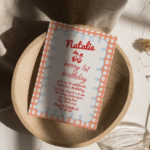 Retro Berry 1st Hand Drawn Strawberry Birthday  Invitation