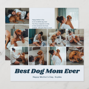 Retro Best Dog Mom 12 Photo Collage Blue Holiday Card