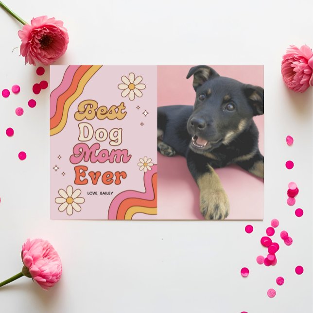 Retro Best Dog Mum Ever Pink and Daisy Colourful Card (Creator Uploaded)