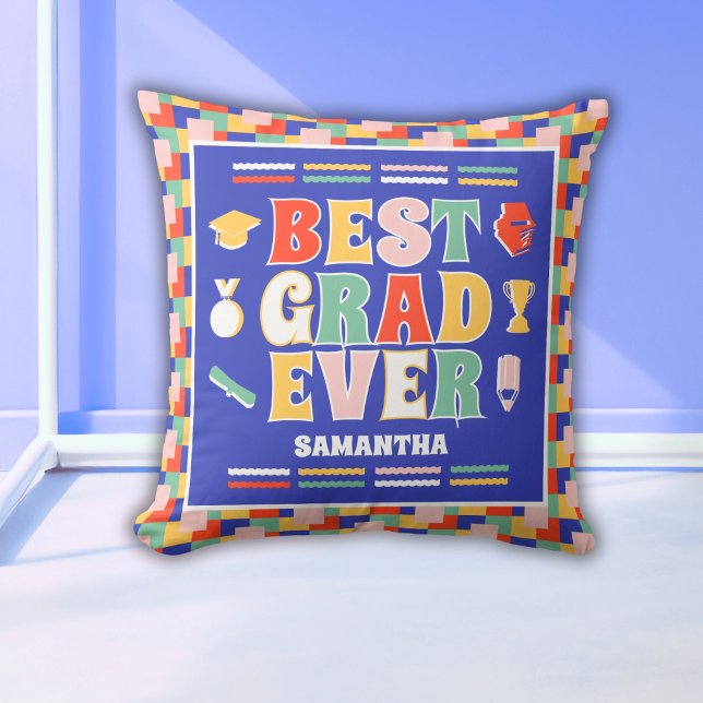 Retro Best Grad Ever Blue Graduation Cushion (Creator Uploaded)