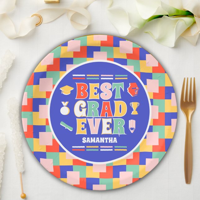 Retro Best Grad Ever Blue Graduation Party  Paper Plate (Creator Uploaded)