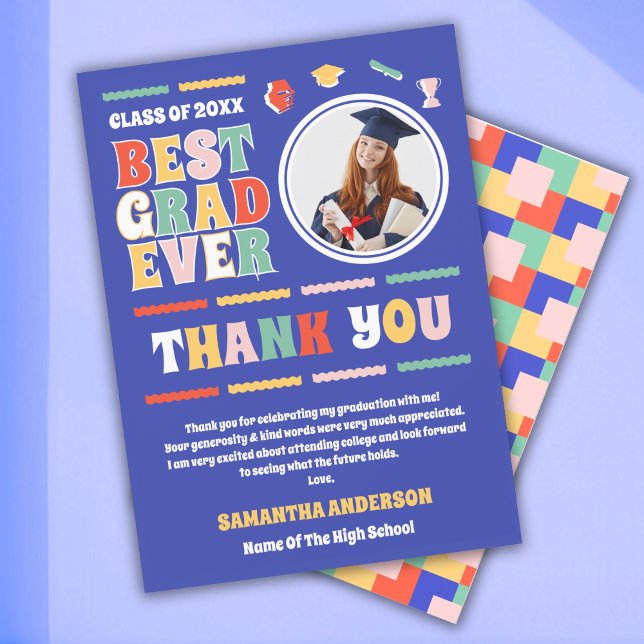 Retro Best Grad Ever Photo Blue Graduation  Thank You Card (Creator Uploaded)