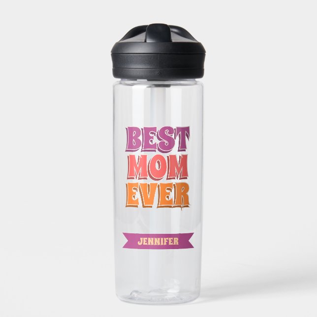 Retro Best Mom Ever Custom Name Purple Pink Orange Water Bottle (Front)