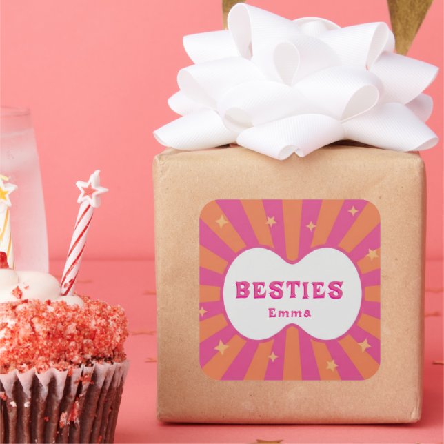 Retro Besties Pink & Orange Sunburst Personalized  Square Sticker (Party)