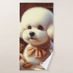 Retro Bichon Frisé Painting Bath Towel
