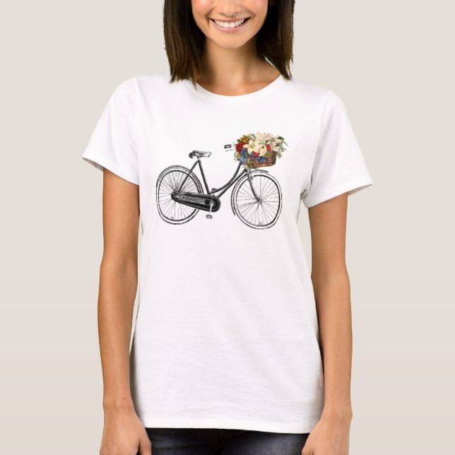 Retro Bicycle Bike Carrying Flowers T-Shirt (Front)