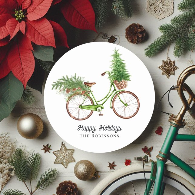 Retro Bicycle Christmas Tree and Pines Holiday Classic Round Sticker (Retro Bicycle Christmas Tree and Pines Holiday Classic Round Sticker)