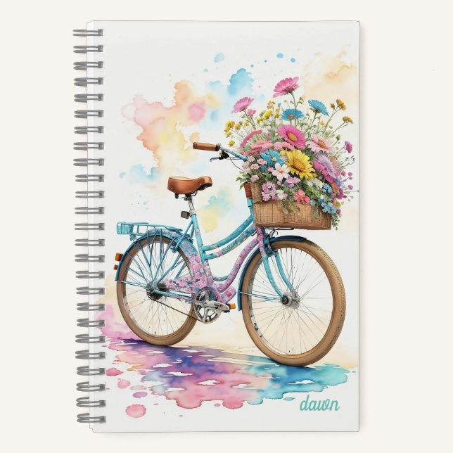 Retro Bicycle Flowers Watercolor Art Notebook (Front)