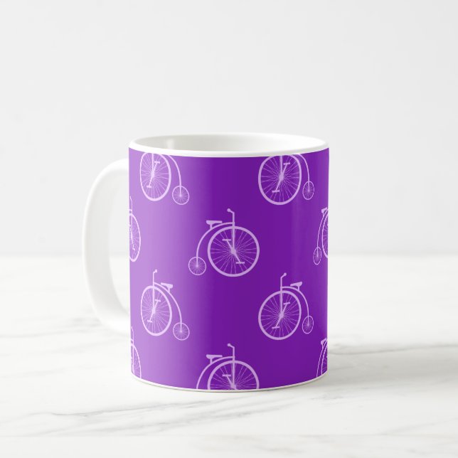 Retro Bicycle Pattern in Purple Tones  Coffee Mug (Front Left)