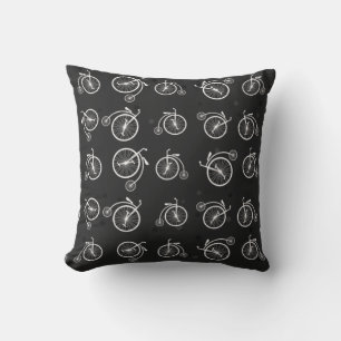 Retro Bicycle Pattern on Black Background Cushion