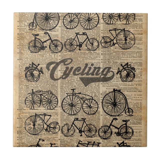 Retro Bicycles Vintage Illustration Dictionary Art Ceramic Tile (Front)