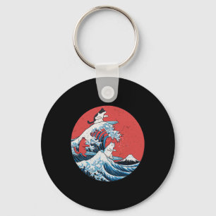 Retro Big Wave Cats Funny Surfing Cats Japanese Ar Key Ring
