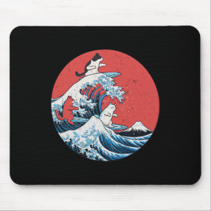 Retro Big Wave Cats Funny Surfing Cats Japanese Ar Mouse Pad