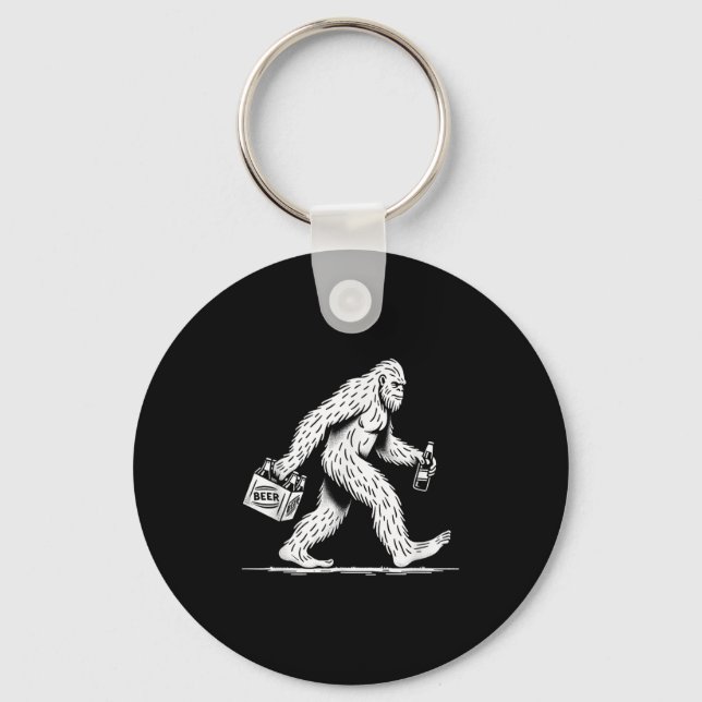 Retro Bigfoot Drinking Beer – Funny Sasquatch  Key Ring (Front)
