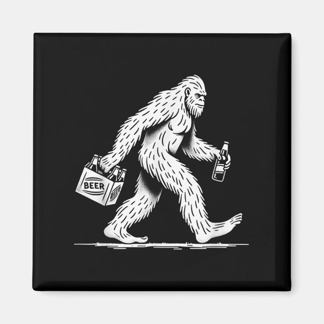 Retro Bigfoot Drinking Beer – Funny Sasquatch  Magnet (Front)