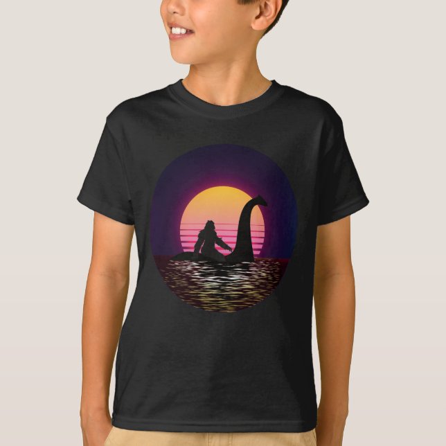 Retro Bigfoot Riding The Loch Ness Boy T-Shirt (Front)